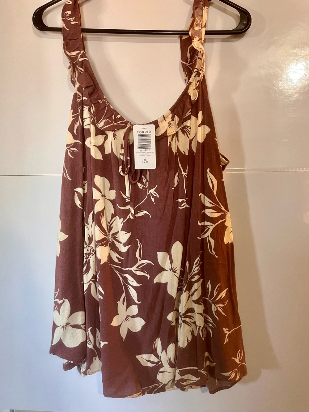 torrid Brown and Cream Floral Ruffle-Strap Tank